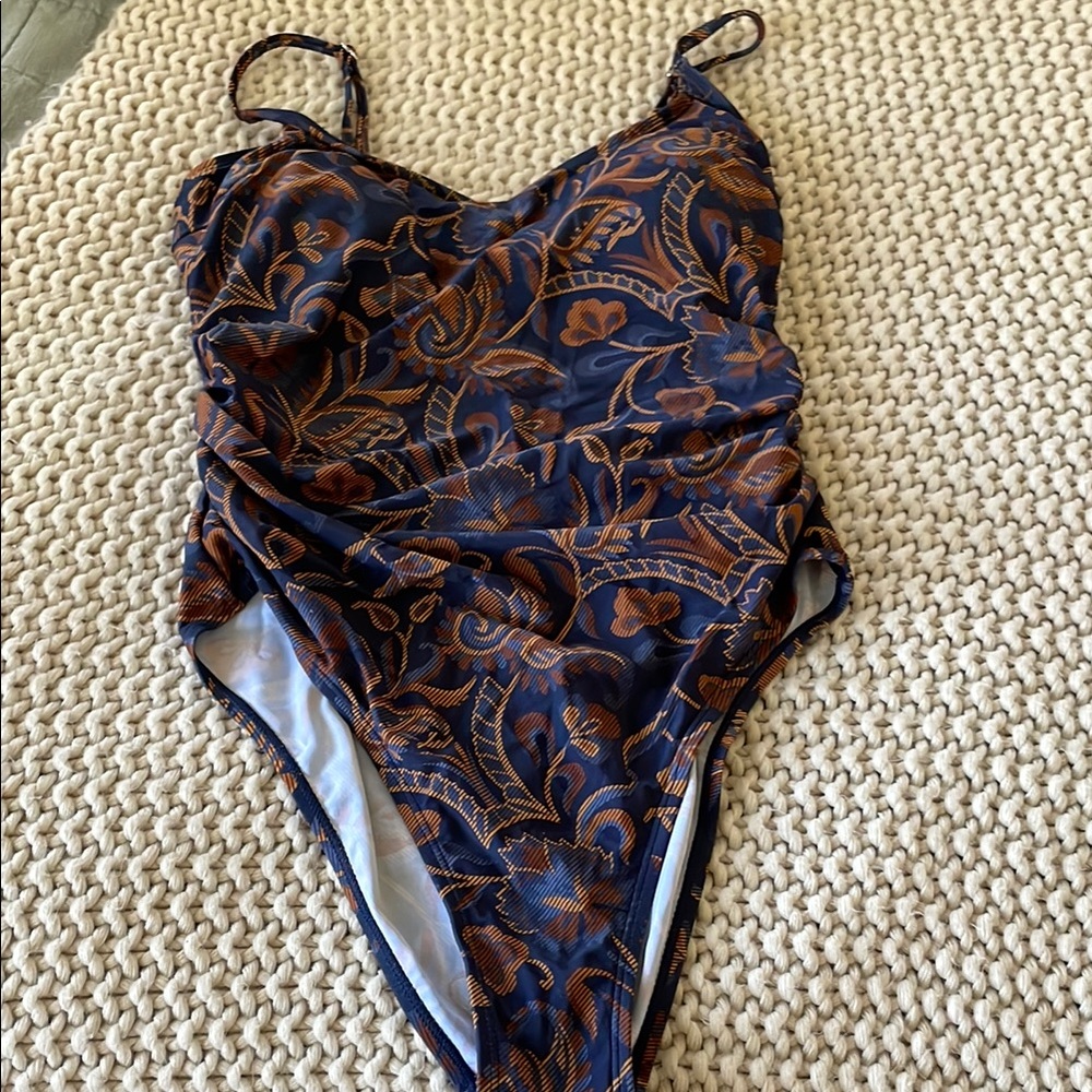 CUPSHE Women’s One Piece Swimsuit - Navy Brown and Orange Floral Size L